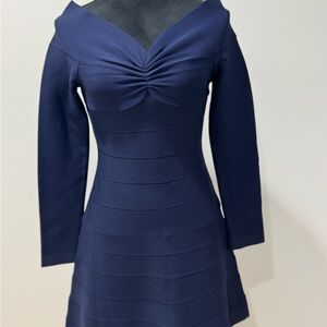 Herve Leger Midnight Blue Long Sleeve Off Shoulder Dress